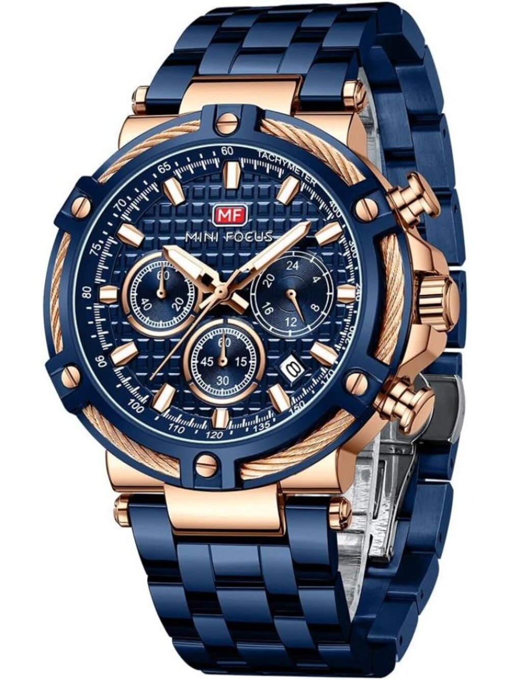 Men's Blue Golden Stainless Steel Band Chronograph Waterproof Luminous Watch